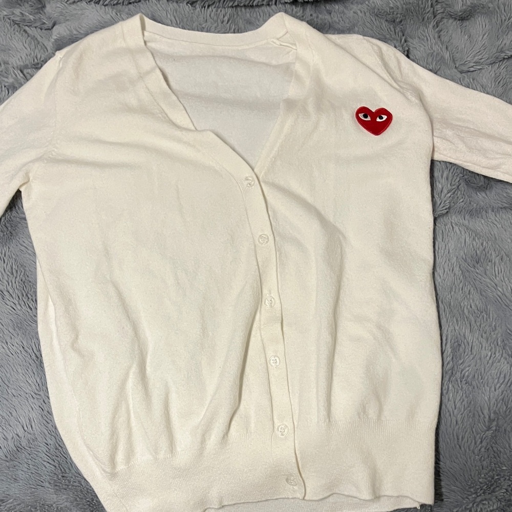 Cream Cardigan with Red Heart Patch